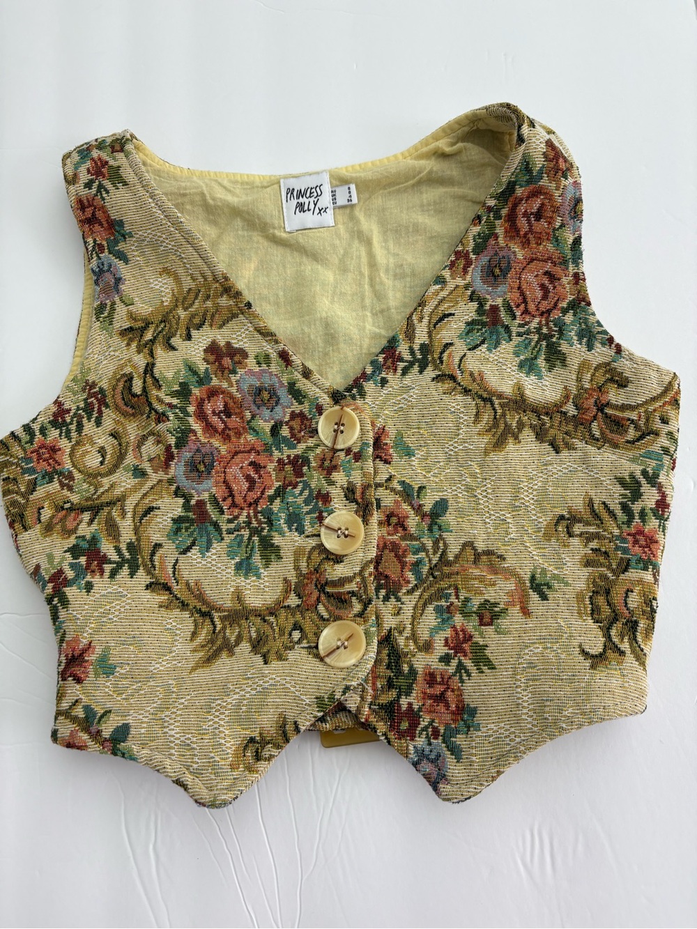 Princess Polly Vintage Floral Tapestry Crop Vest in Yellow and Green